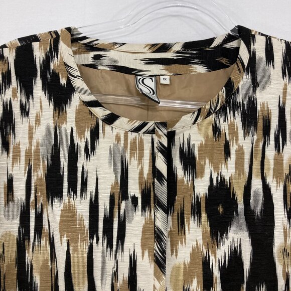 Silk Land size 1X Brown Black Abstract Silk 3/4 Sleeve Button Long Jacket - Picture 3 of 11